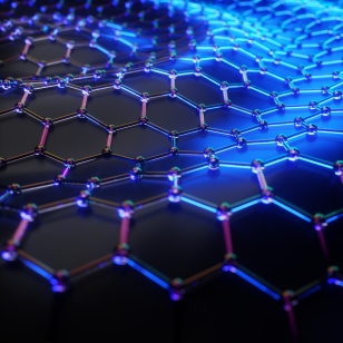 3d illustration of a graphene material molecular grid. Atoms connected in the hexagonal crystal lattice. A concept of carbon structure.